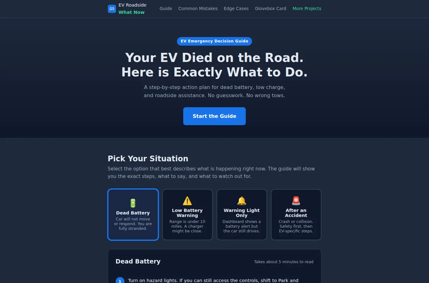 Screenshot of EV Roadside What Now interface showing the project page in use